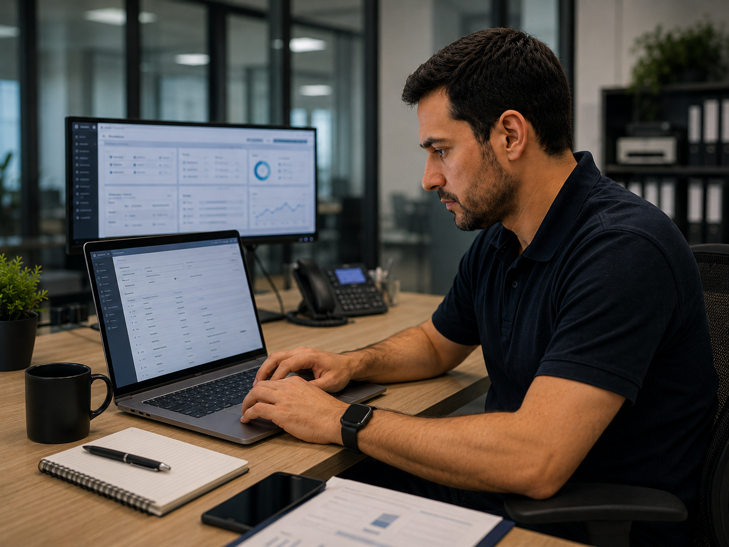 Técnico trabajando sobre un sistema de gestión empresarial